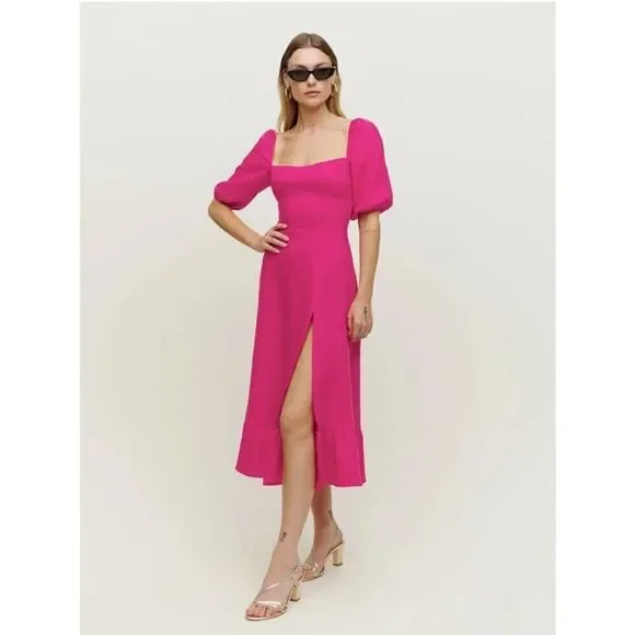 Reformation Belgium Corvette Pink Linen Midi Dress -  threedaughtersproperties.com